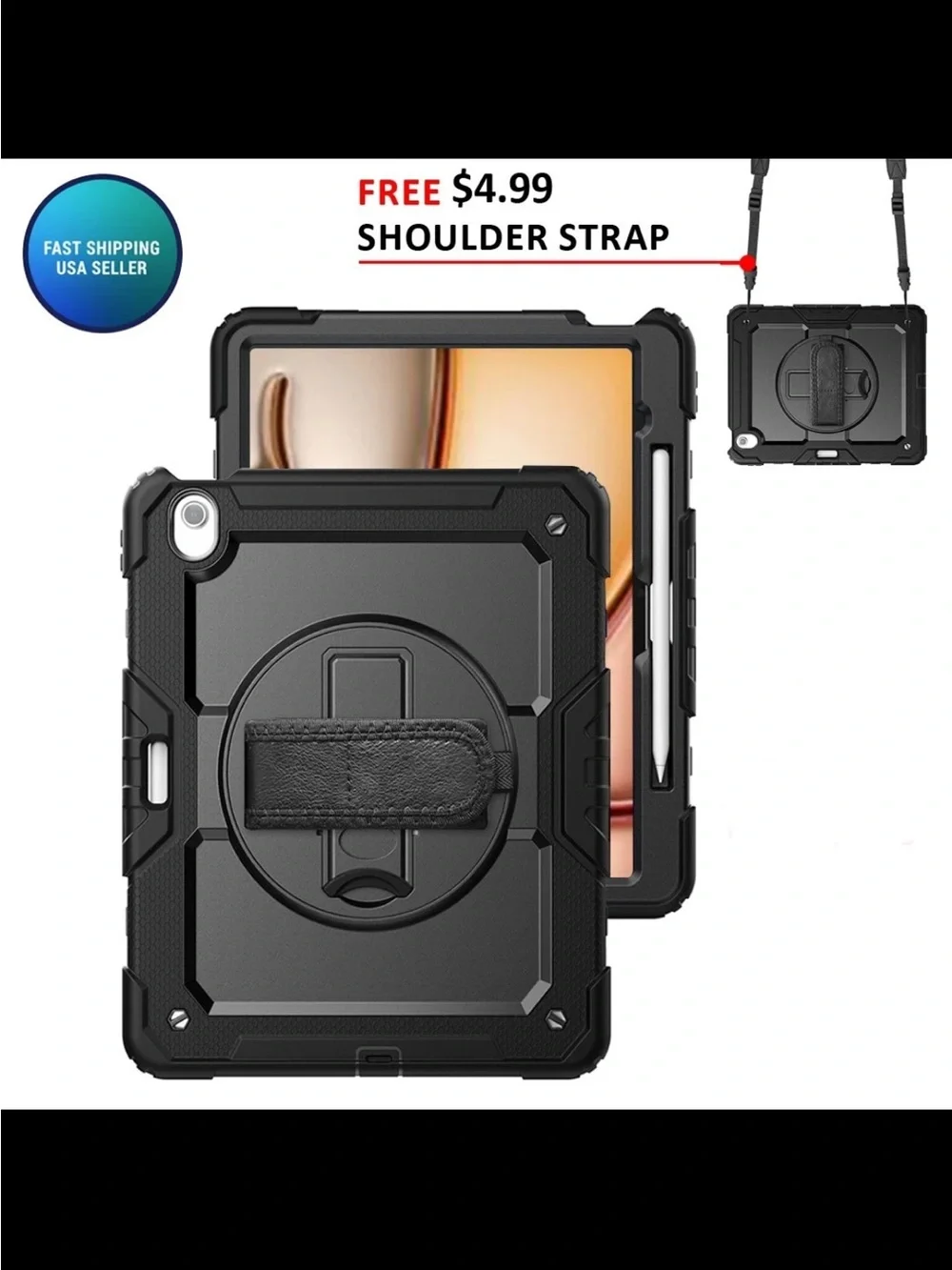 Samsung A11 Rugged Black Shockproof Tablet Case with Hand Strap & Kickstand